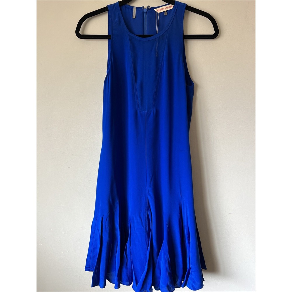 REBECCA TAYLOR Dress 100% Silk Size 2 Royal Blue Sheer Mesh Panel Party
